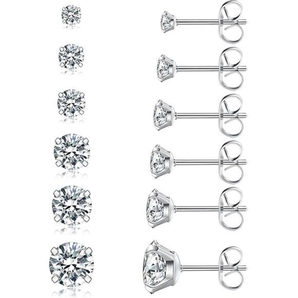 6 Pairs Stud Earrings Set, Hypoallergenic Cubic Zirconia 316L Earrings Stainless - Picture 7 of 7